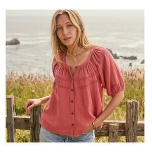 Marine Layer Wren Red Cotton Puff Sleeve Button Front Cotton Top Size XL Boho